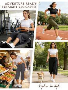 3 Pack Women's High Waisted Drawstring Capri Pants With Pockets, Loose Fit Stretchy Yoga Casual Pants, Tummy Control Hide Belly Slimming Sweatpants For Spring Summer Fall, For Pregnancy Postpartum Curvy Moms, Essential For Home Meditation Walking Light Outdoor Exercise - 黑淺灰軍綠 - 查看 2