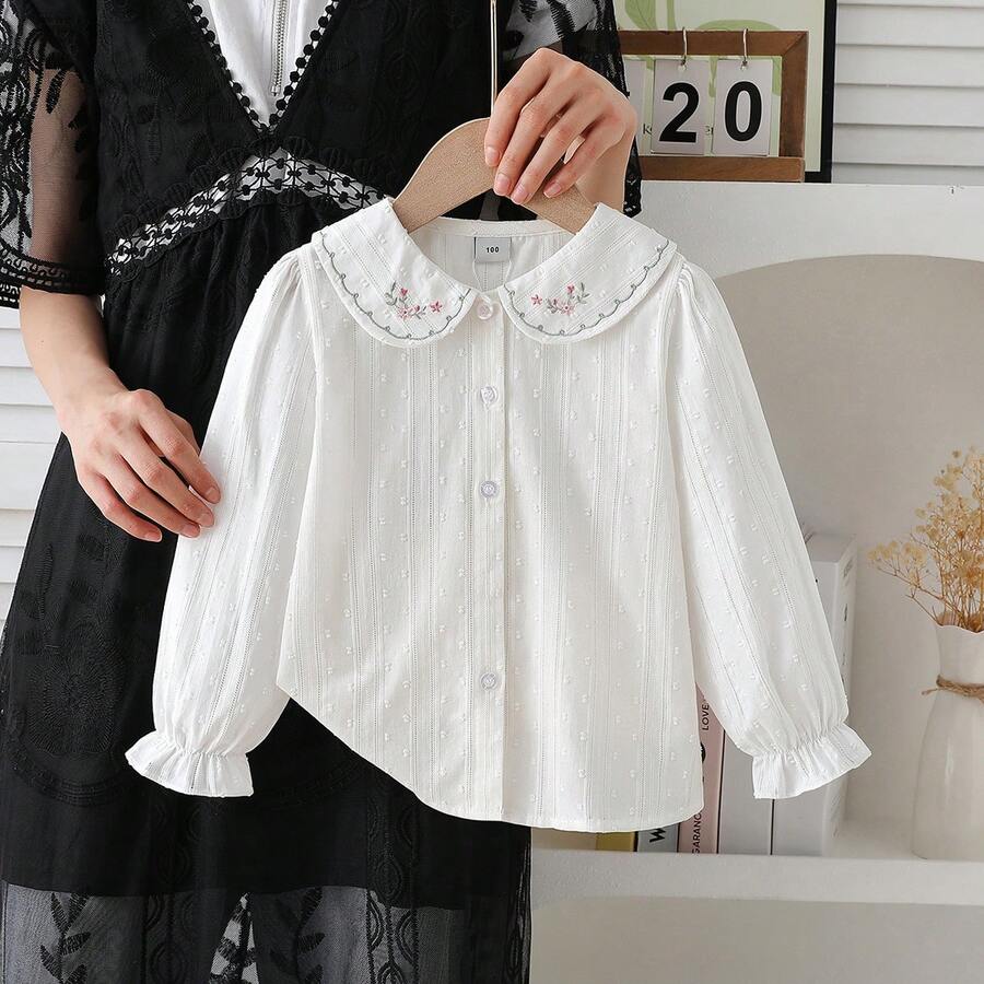Girls' Cotton Collared Long Sleeve Shirt With Cute Embroidery, Autumn - White - View 1