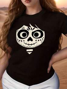 El estampado representa una calavera alegre inspirada en el Día de los Muertos que simboliza la conexión entre la vida y el recuerdo de los seres queridos, transmitiendo energía positiva y un toque artístico único camiseta de mujer algodón suave  casual cómoda para uso diario - Negro - Ver 6