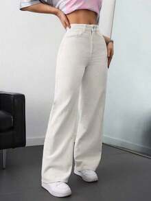 Jeans de mezclilla de unicolor minimalista para uso diario de mujer - Albaricoque - Ver 4