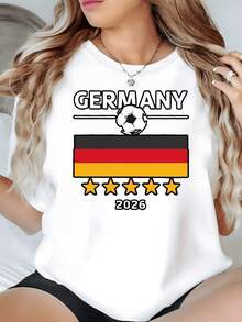 German Flag With Soccer Ball And Gold Stars Symbolizing Passion For Sport And National Pride, Women's Casual Modern Comfortable T-Shirt For Everyday Wear - 白色 - 查看 8