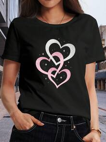 Fun Short-Sleeved T-Shirt For Women With An "Intertwined Pink Heart" Print, Made From Soft And Breathable Polyester Fiber With Medium Stretch, Machine Washable, And A New Style. This Casual Short-Sleeved T-Shirt With A Round Neck And Print Is A Must-Have For Spring And Summer, Versatile For Everyday Wear. Ideal For Summer. - 黑色 - 查看 7