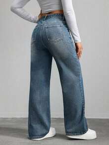 Jeans de mezclilla de unicolor minimalista para uso diario de mujer - Azul lavado oscuro 4 - Ver 2