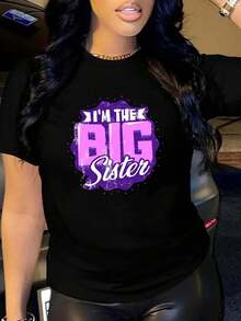 100% Cotton Plus Size - Women's "I'm The Big Sister" Print T-Shirt - Soft 220gsm Black T-Shirt With Purple And Pink Lettering, Casual Everyday Tee, Birthday Outfit, Casual Wear - Eye-Catching Machine Washable Big Sister Tee, Fun Design, Comfortable Fit, Durable Fabric, Geometric Pattern, Breathable Material, Big Sister Outfit, For Fashion Lovers - Everyday Wear T-Shirts - 黑色 - 查看 7