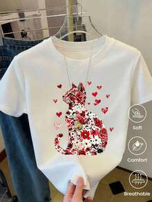 180g Made In Mexico, Spring/Summer 2026 Fashion Short Sleeve T-Shirt, Cartoon Print, Couple Style, Underwear/Outerwear, Casual Round Neck For Office, Unisex One Piece Top - 白色的 - 查看 2