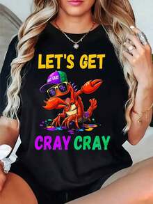 NewSummerCasualWomen's Oversized Crew Neck Graphic Tees, 100% Cotton T Shirt, Cray Cray Lobster With Hat And Sunglasses Casual Wear, Spring Short Sleeve Loose Fit Tops, Summer Fashion Basic Tees, Clothes Gift For Womens-Vintage Street Style Unisex Loose Cotton Short Sleeve Crew Neck T-Shirt - 黑色 - 查看 1