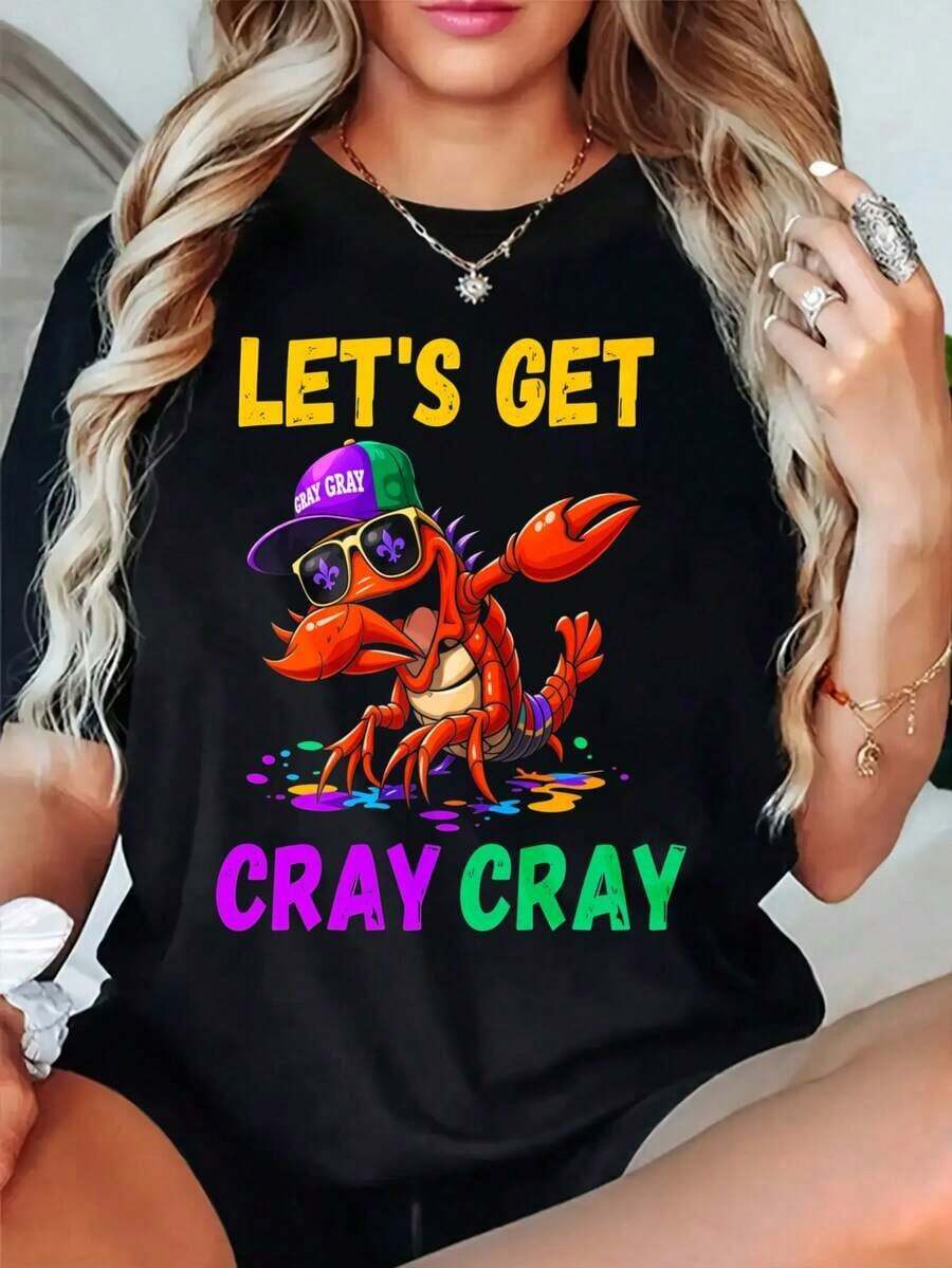 NewSummerCasualWomen's Oversized Crew Neck Graphic Tees, 100% Cotton T Shirt, Cray Cray Lobster With Hat And Sunglasses Casual Wear, Spring Short Sleeve Loose Fit Tops, Summer Fashion Basic Tees, Clothes Gift For Womens-Vintage Street Style Unisex Loose Cotton Short Sleeve Crew Neck T-Shirt - 黑色 - 查看 1