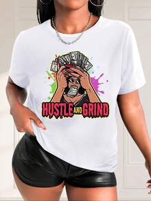 TeeWo Graphic T-Shirt With "Hustle And Grind Money Stack" Print - White T-Shirt With Eye-Catching Text - Comfortable Crew Neck Top, Suitable For Urban Casual Style - Machine Washable, Durable, Urban Fashion, Easy Care WoT-Shirt, WoCotton - 白色 - 查看 1