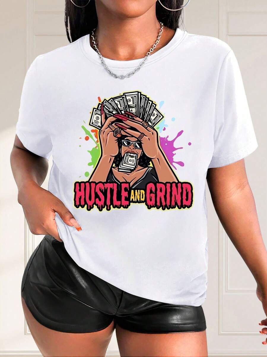 TeeWo Graphic T-Shirt With "Hustle And Grind Money Stack" Print - White T-Shirt With Eye-Catching Text - Comfortable Crew Neck Top, Suitable For Urban Casual Style - Machine Washable, Durable, Urban Fashion, Easy Care WoT-Shirt, WoCotton - 白色 - 查看 1