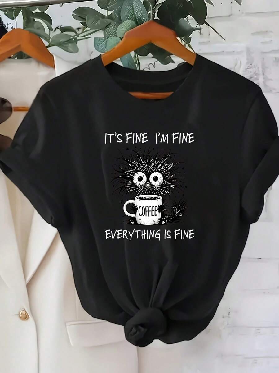 100% High-Quality Women's Summer Plus Size "I'm Fine" Slogan Cat Print Round Neck Short Sleeve Elegant Casual Home Top T-Shirt Ropa deportiva estilo Y2K, cuello redondo, 100% algodón, tejido suave, manga corta. - Negro 2 - Ver 1