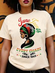 1 Piece Casual Fashion For Men And Women Juneteenth Graphic T-Shirt - "Pause Every Chain Since 1865" Design, Vibrant Geometric Print Short Sleeve Top, 100% Cotton Regular Fit For Spring Summer & All Year Wear - Ideal Juneteenth Gift For Friends & Family, Ladies T-Shirts Loose Fit Washed Short Sleeve Street Style T-Shirt, Unisex For Spring/Summer/Autumn, Valentine's Day Outfit, Summer Outfits Stylish Women's T-Shirts Are Versatile, Easy To Match, Suitable For Daily Wear, Street Style, Holiday Outfits And Weekend Wear. - 杏色 - 查看 1