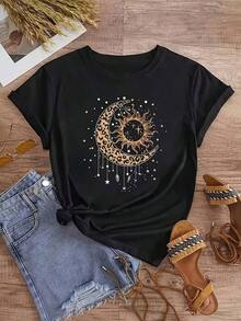 1 Piece Of Women's T-Shirt With Sun, Moon And Stars Print - Casual Loose Fit, Short Sleeve, Round Neck, Medium Elasticity, Machine Washable, Unique Design, Fashionable T-Shirt For Spring And Summer, 180g 100% Cotton. - 黑色 - 查看 1