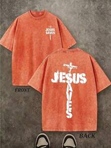 Jesus Tee God Has A Plan Graphic Tee Double-Sided Print Washed T-Shirt Holiday Gifts Y2K Men's Graphic Tees, 230G Cotton T - Shirts,100% Pure Cotton - 珊瑚橙 - 查看 2