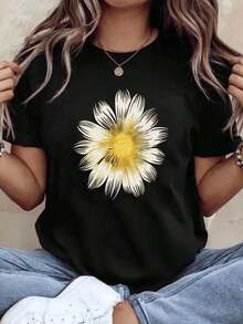 Women's Daisy Flower Print T-Shirt, Casual Summer Short Sleeve Round Neck Graphic Design Top For Daily Wear And Holiday Outfits, 220g - 黑色 - 查看 2