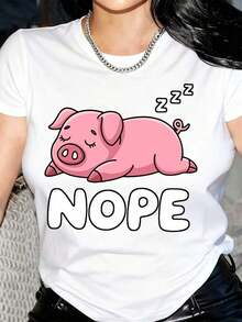 New Arrivals For Summer. Sleeping Pig Print T-Shirt With NOPE Text, Short Sleeve, Round Neck, Casual Top For Summer And Spring, Women's Clothing, Spring Fashion, Everyday Top, Funny T-Shirt, Graphic T-Shirt, Comfortable Fit, Lightweight Material, Printed T-Shirt, Women's T-Shirt, Adults, Relaxed Style Blouse, Shirt > Beautiful. - 白色 - 查看 1