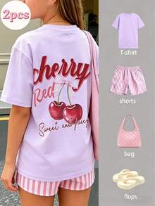 Set de 2 piezas de Blusa de manga corta con estampado de cerezas y Shorts a rayas para niñas preadolescentes, conjunto de verano con estilo fashionable/Y2K/streetwear y vibra artística - Morado - Ver 2