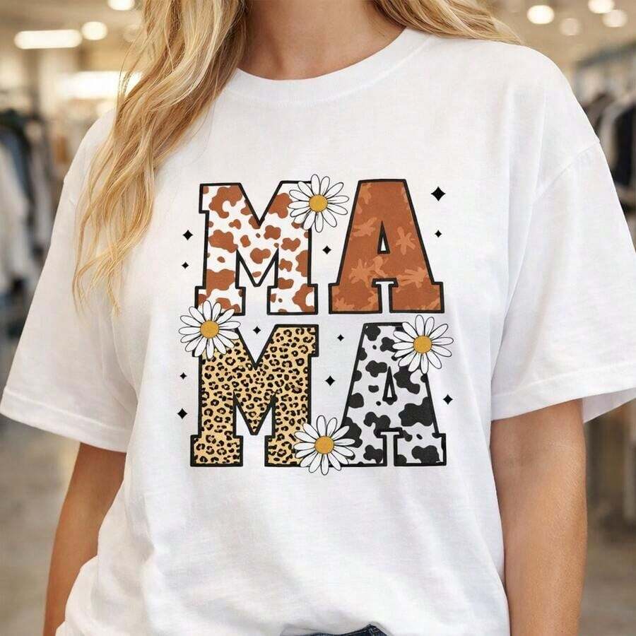 Camiseta de manga corta 1 pieza, talla grande para mujer, de algodón, con estampado de leopardo, vaca y margaritas, estilo occidental, para uso diario, regalos de cumpleaños, regalos de Navidad, regalos de Halloween, o como camiseta conmemorativa para amigos o seres queridos. También Apto Como Suéter Entrega Rápida 100% Algodón - Blanco - Ver 1