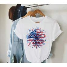 Camiseta de mujer con diseño de fuegos artificiales de EE. UU., Camiseta del 4 de julio, Camiseta del Día de la Independencia, América, Camiseta roja, blanca y azul, Camiseta patriótica, Camiseta americana, blusas para mujer>camisa    blusas para dama - Blanco - Ver 1