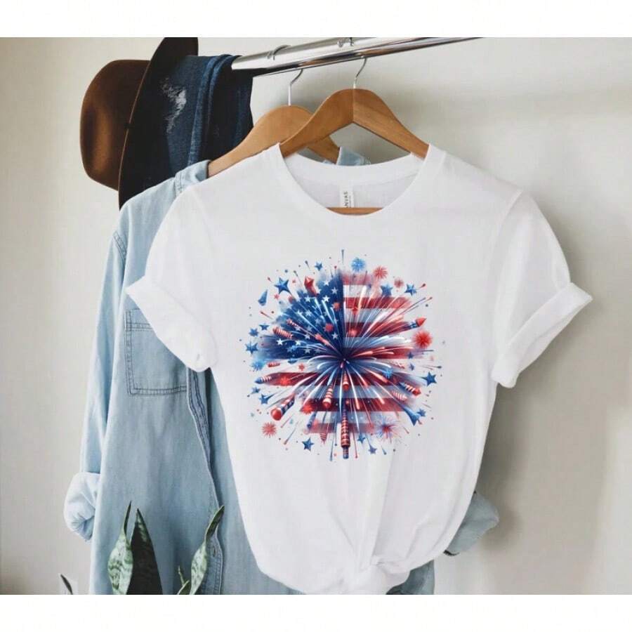 Camiseta de mujer con diseño de fuegos artificiales de EE. UU., Camiseta del 4 de julio, Camiseta del Día de la Independencia, América, Camiseta roja, blanca y azul, Camiseta patriótica, Camiseta americana, blusas para mujer>camisa    blusas para dama - Blanco - Ver 1