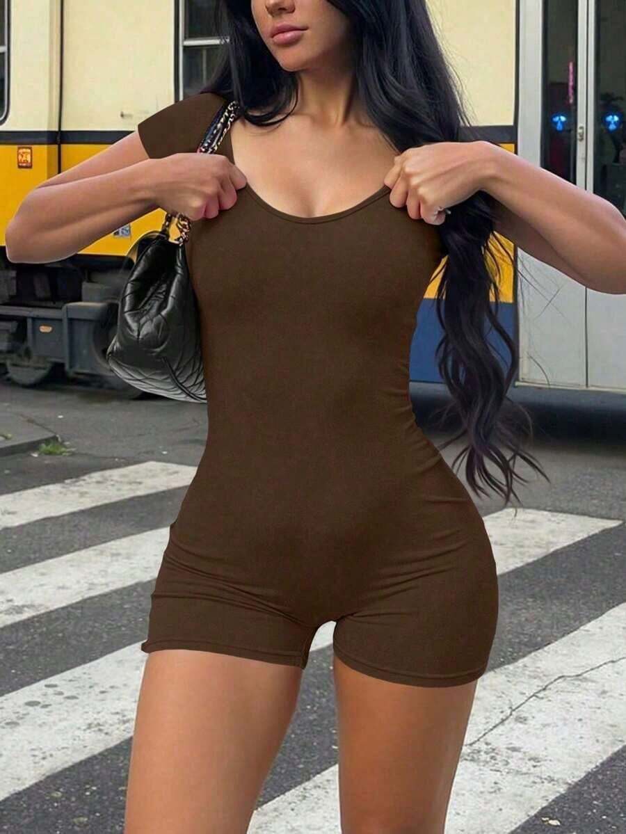 Mono de mujer , escote en U, silueta minimalista, ropa interior moldeadora cómoda, casual, sexy, versátil para exteriores, viajes, fiesta en la playa, vacaciones en el campo, vacaciones, Pascua, graduación, regreso a la escuela, mono de verano, ajust - Marrón - Ver 1