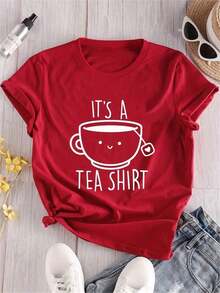 Women's Casual Round Neck T-Shirt, 100% Polyester Fabric, Regular Length, Fashionable All Season T-Shirt With "It's A Tea Shirt" Alphabet Print. - 紅色 - 查看 1