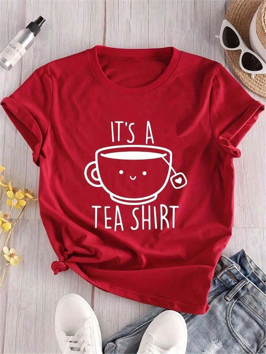 Women's Casual Round Neck T-Shirt, 100% Polyester Fabric, Regular Length, Fashionable All Season T-Shirt With "It's A Tea Shirt" Alphabet Print. - 紅色 - 查看 1