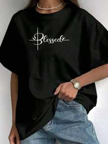 Simple And Versatile Design Women's Clothing: Short-Sleeved T-Shirt, A Beautiful Christian T-Shirt With A Cross Design, Perfect For Summer And With A Minimalist Religious Art Style. Cotton T-Shirt - 黑色 - 查看 6