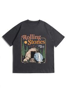 Playera Oversize para Mujer "Rolling Stones" Estampado Cristiano Vintage, Cuello Redondo, Manga Corta Casual - Gris Oscuro - Ver 3