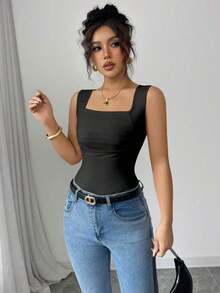 Top ajustado de tirantes de cuello cuadrado de unicolor elegante y casual para mujer, verano - Negro - Ver 5