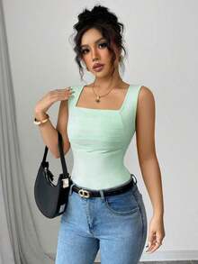 Top sin mangas plisado monocolor minimalista elegante y casual para mujer - verde menta - Ver 3