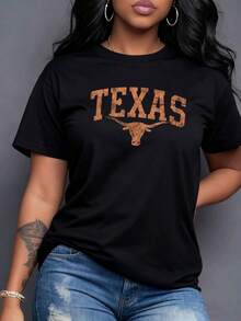 TEXAS en textura de madera rústica junto a un toro longhorn emblema de la fuerza y el espíritu indomable del oeste  perfecto para tu guardarropa diario Camiseta de mujer 100% algodón transpirable duradera,Manga corta casual. - Negro - Ver 7