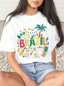 1 Piece Of Women's T-Shirt With Brazilian Carnival Print And Text, For Everyday Use, Round Neck, Short Sleeve, Soft And Comfortable, 220 G/M², 180 G, 100% Cotton. - 白色 - 查看 10