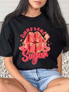 1 Piece Women's T-Shirt With Lips And Sugar Print For Valentine's Day, Casual, Round Neck, Short Sleeve, Soft And Comfortable, 220g/180g, 100% Cotton - 黑色 - 查看 10