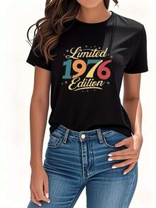 Women's Pure Cotton Short-Sleeved T-Shirt, Round Neck, Versatile, Limited Vintage Edition 1976, Women's Short-Sleeved Round Neck Clothing, Retro Vintage Style, Unique And Fashionable, Versatile For Everyday Wear And Casual Gatherings. - 黑色 - 查看 1