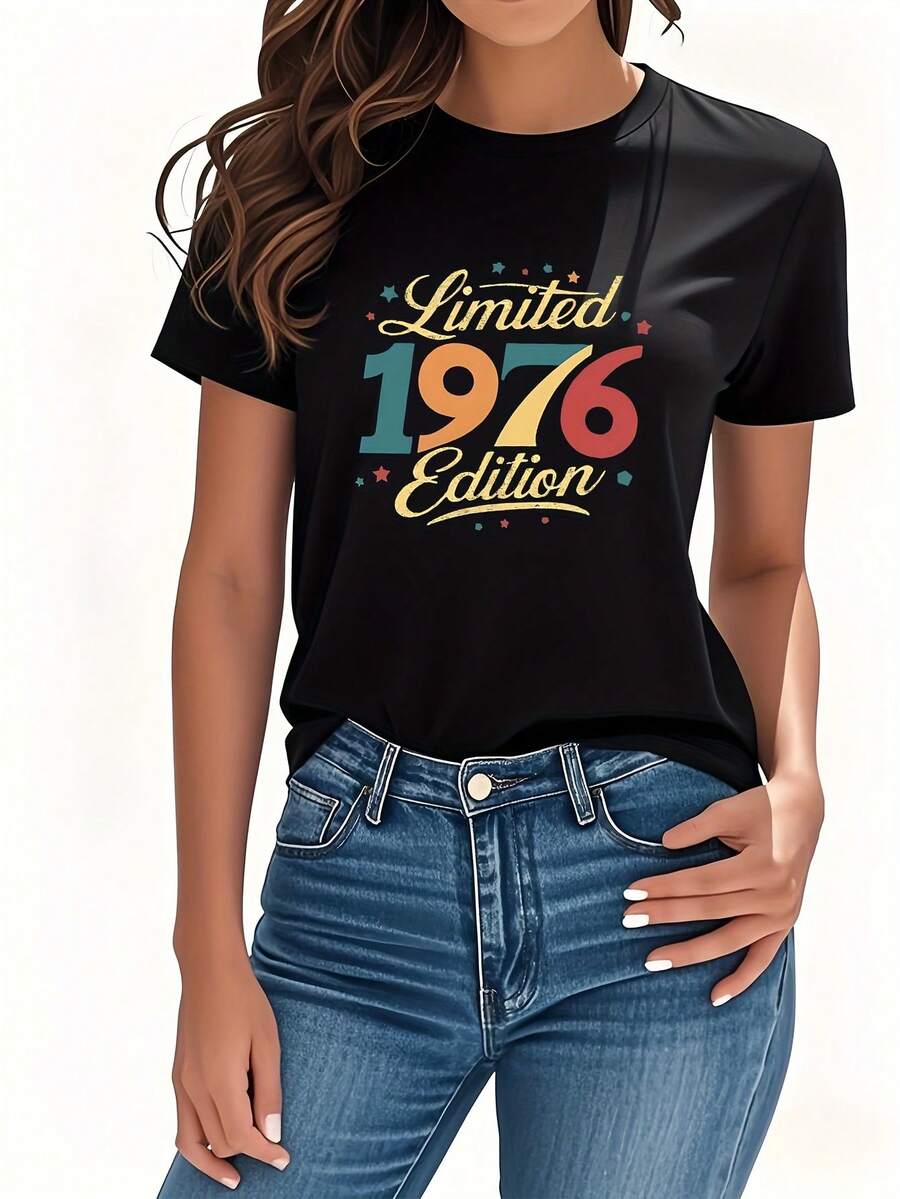 Women's Pure Cotton Short-Sleeved T-Shirt, Round Neck, Versatile, Limited Vintage Edition 1976, Women's Short-Sleeved Round Neck Clothing, Retro Vintage Style, Unique And Fashionable, Versatile For Everyday Wear And Casual Gatherings. - 黑色 - 查看 1