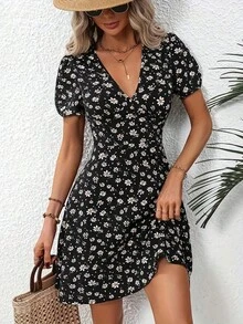 New Women's Summer Dress, Elegant Floral Print, Casual, Vacation Dress, V-Neck, Puff Sleeves - 黑色 - 查看 2