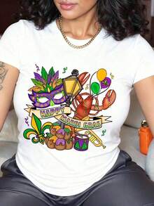 Women's 100% Pure Cotton Casual T-Shirt With Round Neck, Fun Happy Gras Print, Crayfish, Balloons And Music, Ideal For Party And Festival Gifts, ChoiceSoftSoft - 白色 - 查看 6