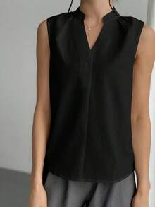 Blusa de cuello en V elegante y chic para oficina con diseño simple y detalles femeninos, blusas sin mangas - Negro - Ver 6