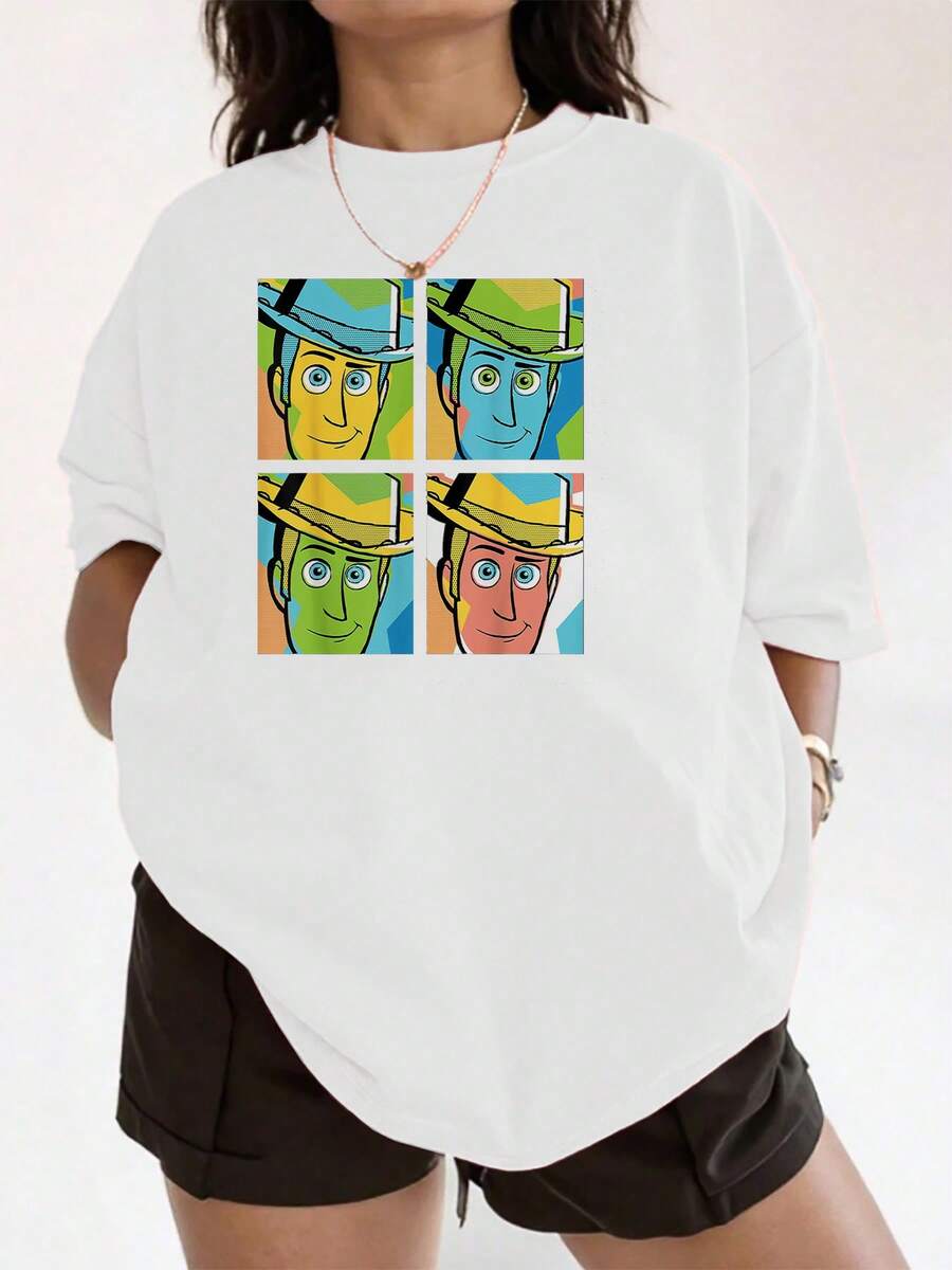 Colorful Pop Art Portrait Of A Smiling Cowboy With A Hat Symbolizing Adventure, Optimism, And Friendship. Comfortable Casual Women's T-Shirt For Everyday Wear. - 白色 - 查看 1
