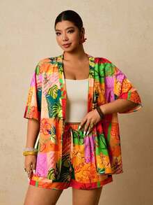 2 piezas Conjunto de talla grande Chaqueta de manga corta con estampado de leopardo, casual y de moda para uso diario - Multicolor - Ver 7