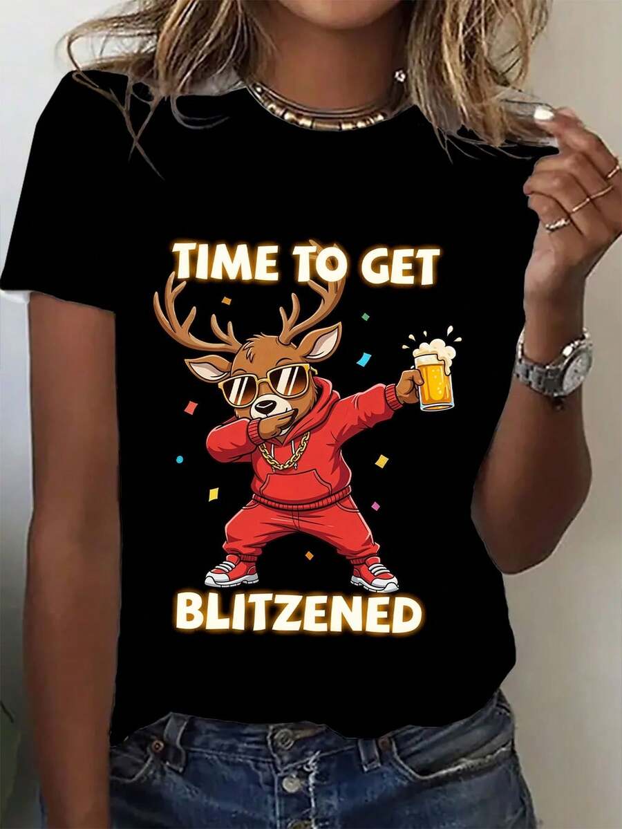 Women's Funny Christmas T-Shirt With Deer And Beer Design - "Time To Run Away" Slogan & Blitzen Dance Design - Loose Fit Short Sleeve Top For Bachelorette Parties And Casual Outfits - Machine Washable Blouse For Spring/Autumn - 黑色 - 查看 1
