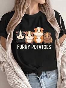 Women's Casual Short Sleeve T-Shirt With Cute Guinea Pig And "Hairy Potatoes" Print - Soft Polyester, Crew Neck, Machine Washable, Year-Round Comfort, Ladies' T-Shirts, Fun Design, Non-See-Through Material - 黑色 - 查看 1