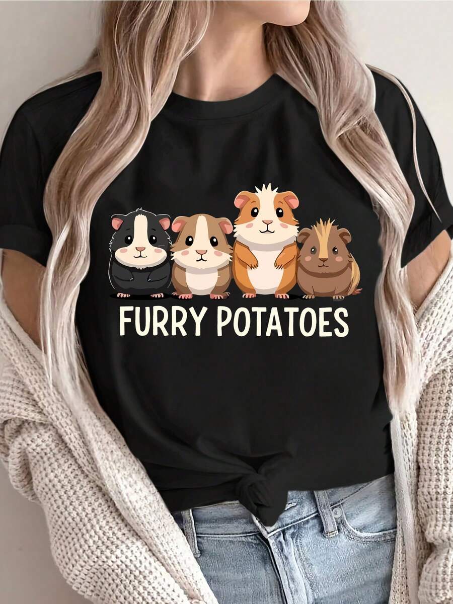 Women's Casual Short Sleeve T-Shirt With Cute Guinea Pig And "Hairy Potatoes" Print - Soft Polyester, Crew Neck, Machine Washable, Year-Round Comfort, Ladies' T-Shirts, Fun Design, Non-See-Through Material - 黑色 - 查看 1