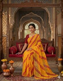 Estationeryhouse Printed Chiffon Saree With Double Stripes (No Blouse) - Yellow/Red - View 2