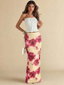 Falda de malla con estampado floral rosa de cintura media-baja para mujer de  , adecuada para la temporada de bodas, temporada de graduaciones, salidas nocturnas, actividades de fiesta, viajes, festivales, falda elegante para mujer, falda rosa. - Rojo - Ver 4