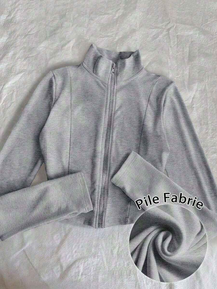 Chaqueta ligera con estampado floral de forro polar para mujer, estilo casual de calle con cremallera, ajuste delgado de manga larga, otoño - Gris Claro - Ver 1