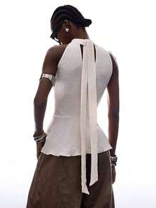 Elegant Solid Color Halter Top With Ruffles For Women - Beis - View 4