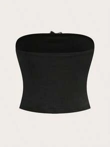 Top casual ajustado sin tirantes negro para mujer, adecuado para el verano - Negro - Ver 2