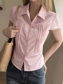 Blusa blanca de manga corta ajustada con cuello para mujer, de unicolor, para el verano - Rosa 4 - Ver 2