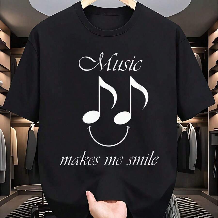 Women's Short Sleeve T-Shirt, Men's Thick Cotton T-Shirt, Musical Note And Smile Print T-Shirt, Soft T-Shirt For Daily Wear, Streetwear, Casual Round Neck Top For Concerts, Gifts, Daily Use, Machine Washable, Music Themed Design Clothing, Size. - 黑色 - 查看 1